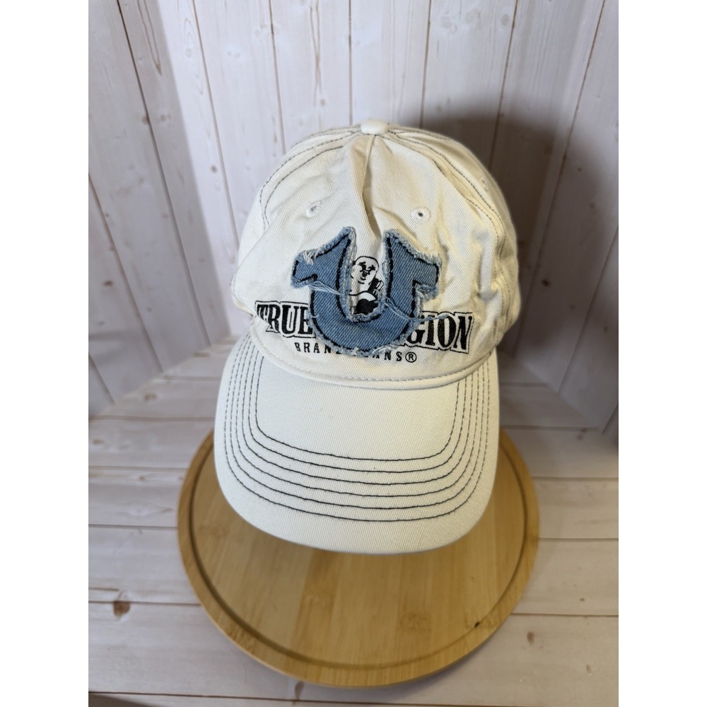 True Religion Y2k White Buddha Logo Distressed Frayed Strapback Hat Adjustable *